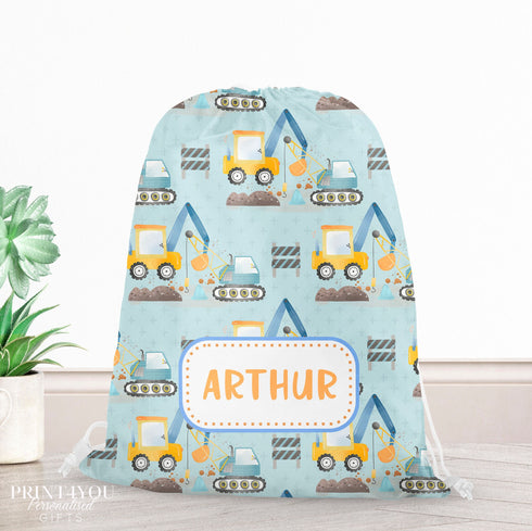 Personalised School PE / Gym / Swim Bag, Back to School kids drawstring bag, Water resistant bag, Construction Builder Digger design