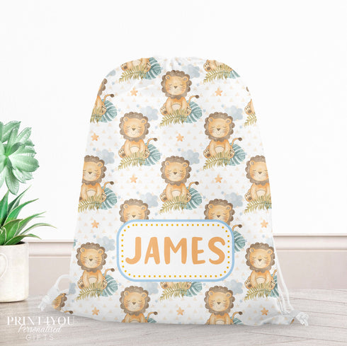 Personalised School PE / Gym / Swim Bag, Back to School kids drawstring bag, Water resistant bag, Jungle Safari Lion design