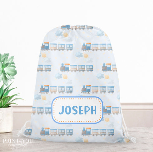 Personalised School PE / Gym / Swim Bag, Back to School kids drawstring bag, Water resistant bag, Train design