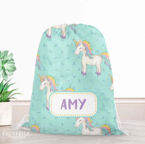 Personalised School PE / Gym / Swim Bag, Back to School kids drawstring bag, Water resistant bag, Unicorn DD2 design