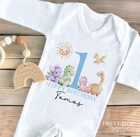 Personalised First Birthday One T-shirt, Sleepsuit and vest, Blue Dinosaur First Birthday Outfit.