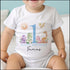 Personalised First Birthday One T-shirt, Sleepsuit and vest, Blue Dinosaur First Birthday Outfit.