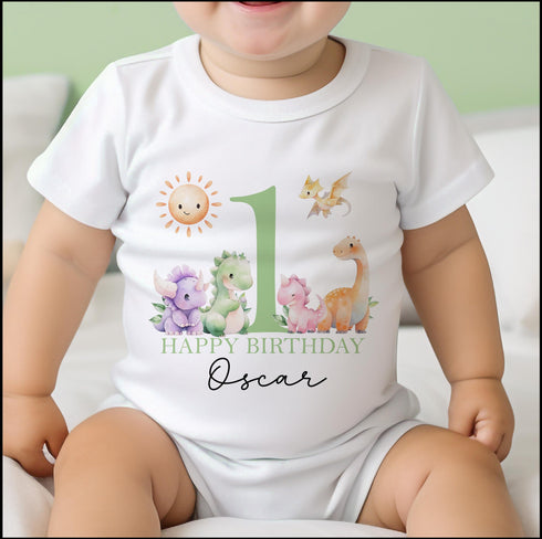 Personalised First Birthday One T-shirt, Sleepsuit and vest, Green Dinosaur First Birthday Outfit.