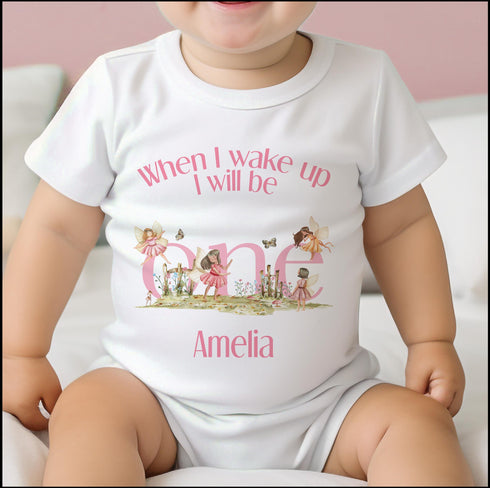 Personalised When I Wake Up I Will Be One Sleepsuit and vest, Girls Fairy First Birthday Outfit.