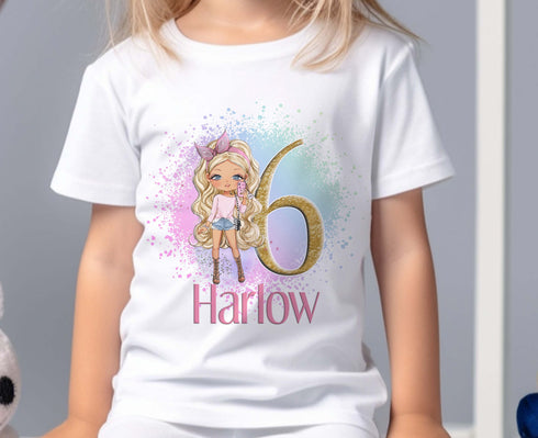 Personalised Girls Birthday T-Shirt - Fashion Doll Design, Gold Glitter Effect Number - 100% Soft Cotton, DTG - Age 1-12yrs