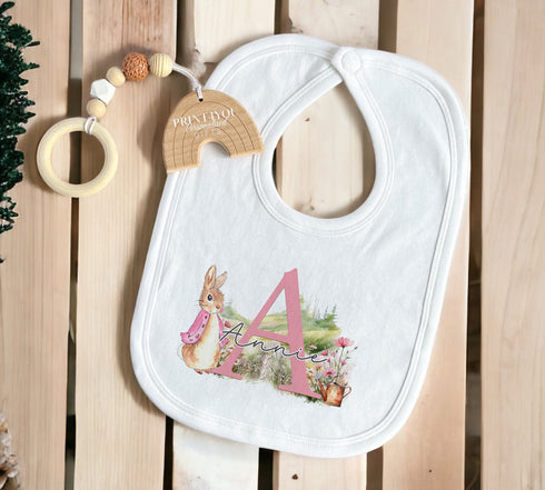 Personalised Baby Girls t-shirt, vest, sleepsuit, and bib, New Baby Gift Set, Pink Rabbit