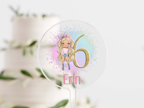 Personalised Fashion Doll Cake Topper, Acrylic UV Printed Cake Topper Decorations, Girls Birthday Any Number