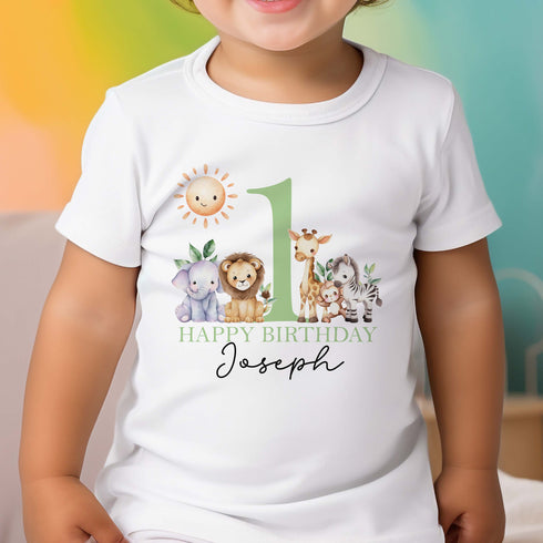 Personalised Safari First Birthday T-shirt, Sleepsuit, Vest or Long Sleeve T-shirt, Green Text
