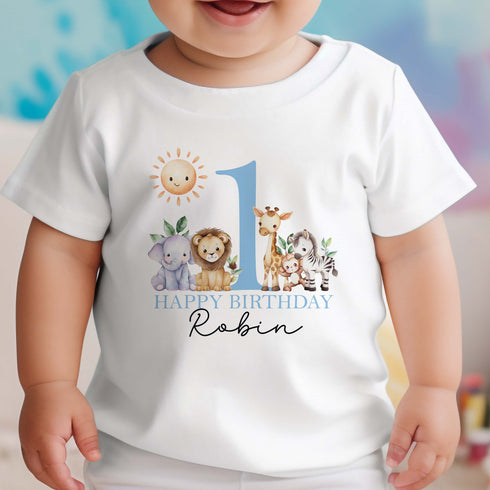 Personalised Safari First Birthday T-shirt, Sleepsuit, Vest or Long Sleeve T-shirt, Pink Text