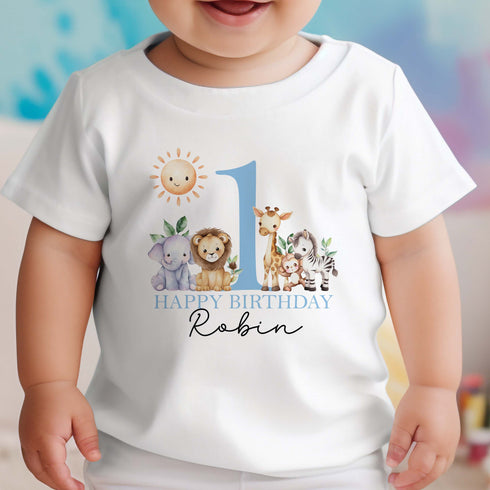 Personalised Safari First Birthday T-shirt, Sleepsuit, Vest or Long Sleeve T-shirt, Blue Text