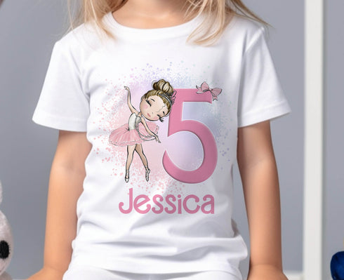 Personalised Girls Birthday T-Shirt - Ballerina Doll Design, Silver Glitter Effect Number - 100% Soft Cotton, DTG - Age 1-12yrs
