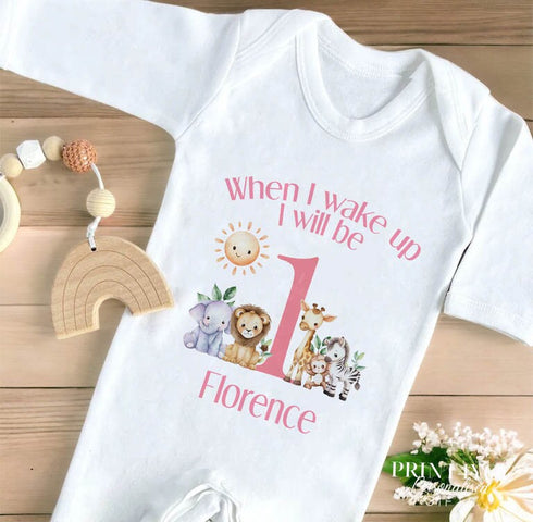 Personalised Pink Safari Sleepsuit Vest Set Perfect for First Birthday Celebration