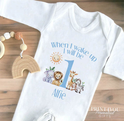 Personalised When I Wake Up I Will Be One Sleepsuit and vest, Blue Safari First Birthday Outfit.