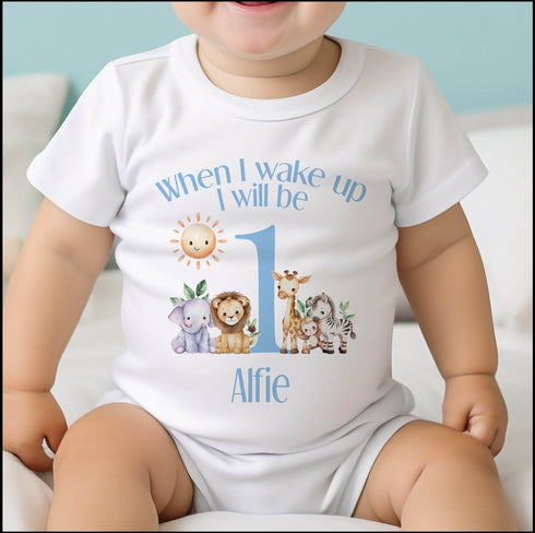 Personalised When I Wake Up I Will Be One Sleepsuit and vest, Blue Safari First Birthday Outfit.