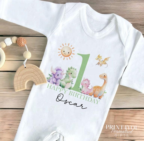 Personalised First Birthday One T-shirt, Sleepsuit and vest, Green Dinosaur First Birthday Outfit.