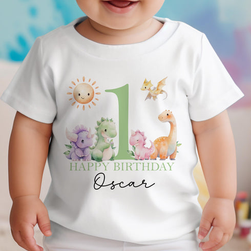 Personalised First Birthday One T-shirt, Sleepsuit and vest, Green Dinosaur First Birthday Outfit.