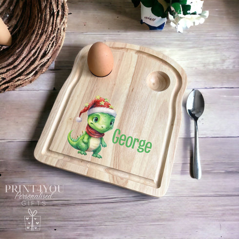 Personalised Wooden Egg Breakfast Board - UV Printed Egg Serving Platter - Kitchen Gift. Christmas Dinosaur, Gift for kids.