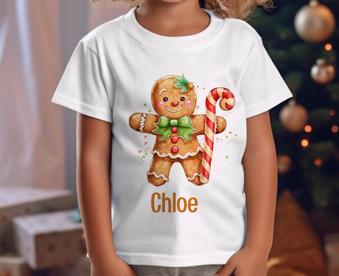 Personalised Children's Christmas T-Shirt - Girls Design, Gingerbread man Girl and Name