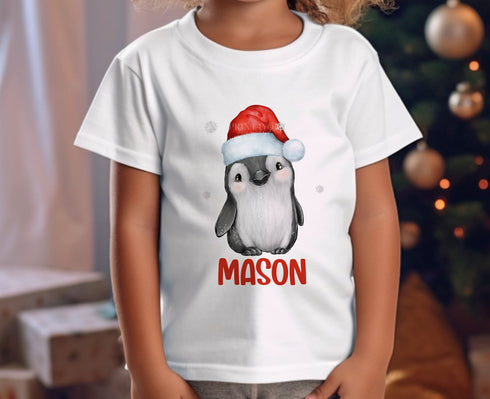 Personalised Children's Christmas T-Shirt - Unisex Design, Father Christmas Penguin and Name