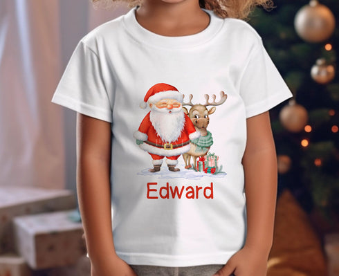 Personalised Children's Christmas T-Shirt - Exclusive Design, Father Christmas with Reindeer and name