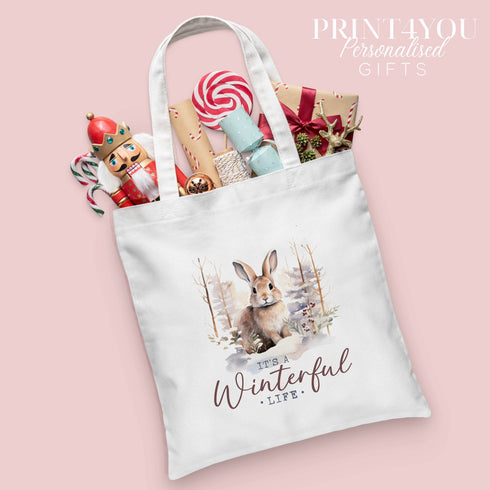Christmas Cotton Tote Gift Bag | Reusable Shopping Bag | 100% White Cotton Bag | Winterful Life Bunny Rabbit
