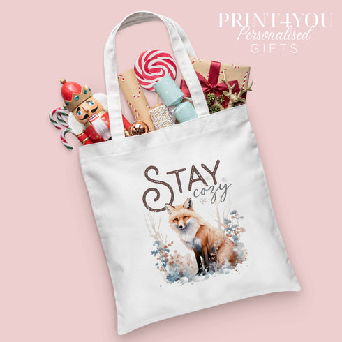 Christmas Cotton Tote Gift Bag | Reusable Shopping Bag | 100% White Cotton Bag | Stay Cozt Woodland Fox