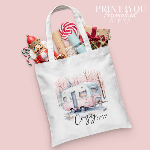 Christmas Cotton Tote Gift Bag | Reusable Shopping Bag | 100% White Cotton Bag | Cozy Winter Vibes Caravan