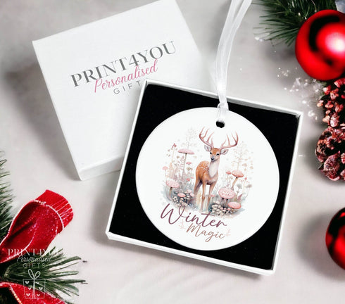 Winter magic Reindeer Deer Christmas tree ceramic bauble disc decoration with ribbon