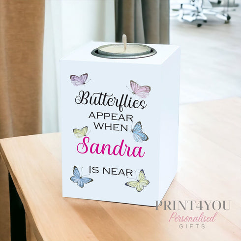 Butterfliers Appear Personalised Tealight Holder with printed butterflyDesign, Memorial White Wooden Candle Tealight Holder