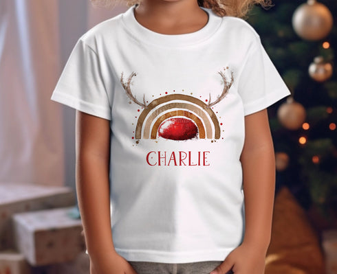 Personalised Children's Christmas T-Shirt - Unisex Design, Rainbow Reindeer and Name