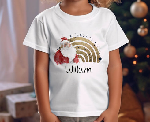 Personalised Children's Christmas T-Shirt - Unisex Design, Father Christmas Rainbow and Name
