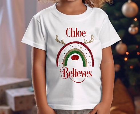 Personalised Children's Christmas T-Shirt - Exclusive Design, Reindeer Rainbow and Name Believes