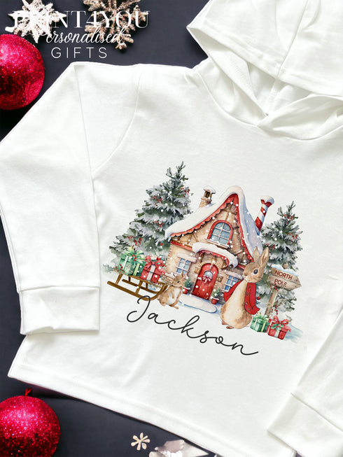 Christmas T-shirt with hood - personalised cotton jersey top, Lightweight long-sleeved tee, Peter Rabbit