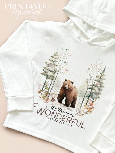 Christmas T-shirt with hood - Cotton jersey top, Lightweight long-sleeved tee, Woodland bear