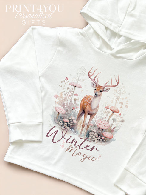 Christmas T-shirt with hood - Cotton jersey top, Lightweight long-sleeved tee, Winter magic Deer Reindeer