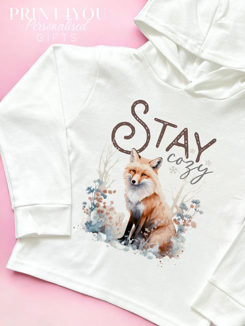 Christmas T-shirt with hood - Cotton jersey top, Lightweight long-sleeved tee, Stay Cozy Fox