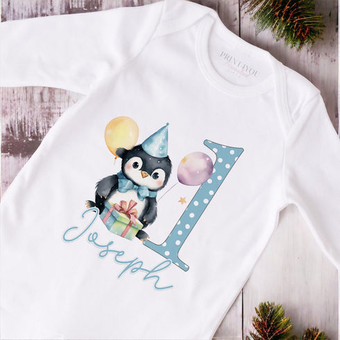 Personalised First 1st Birthday One T-shirt, Sleepsuit and vest, Blue Penguin First Birthday Outfit.