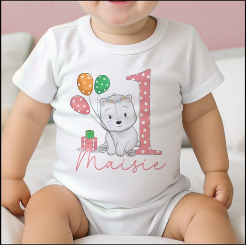 Personalised First 1st Birthday One T-shirt, Sleepsuit and vest, Pink Polar Bear First Birthday Outfit.