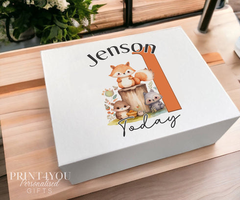 Personalised Baby's First Keepsake Box: White Sturdy Card with Magnetic Closure - Woodland Animals I am ONE