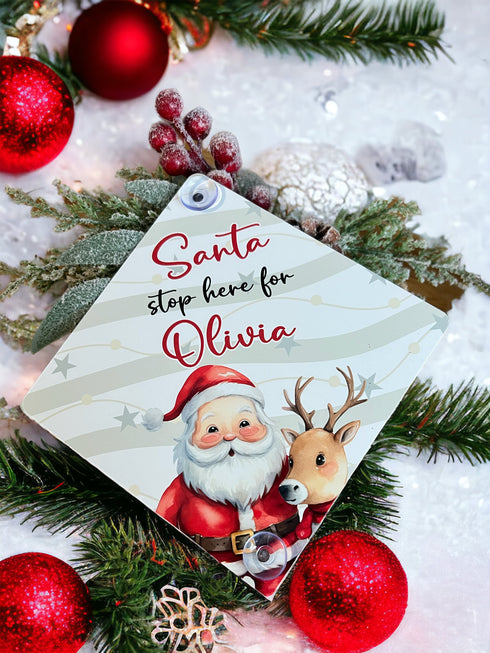 Personalised Santa Stop Here Sign, Aluminium Window Sign with suckers, Father Christmas and Reindeer