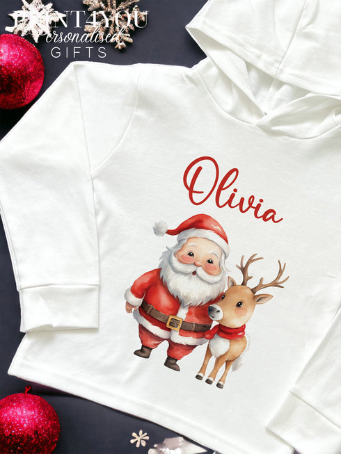 Christmas T-shirt with hood - personalised cotton jersey top, Lightweight long-sleeved tee, Father Christmas and Reindeer