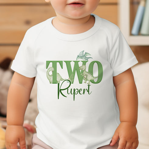 Personalised Boys Dinosaur Birthday T-Shirt Age Two - Cotton White Top, green theme, second birthday