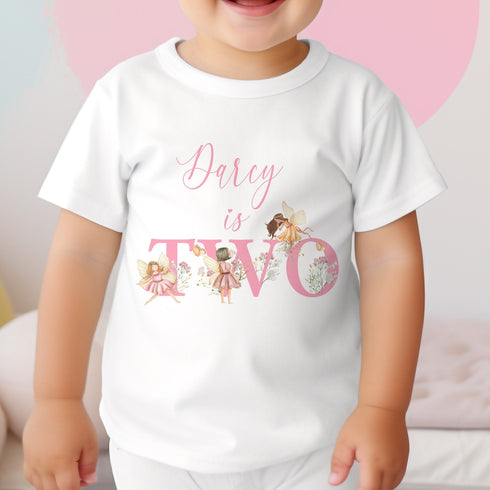 Personalised Girls Fairy Birthday T-Shirt Age Two - Cotton White Top, Pink Fairies theme, second birthday
