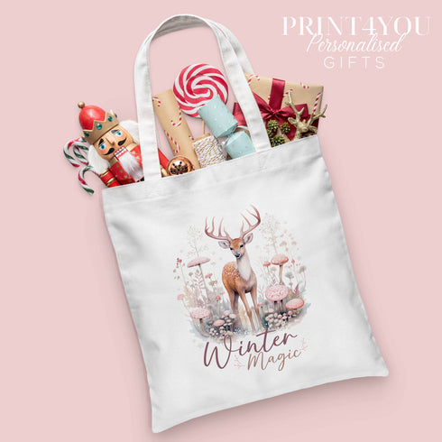 Christmas Cotton Tote Gift Bag | Reusable Shopping Bag | 100% White Cotton Bag | Winter magic Deer Reindeer