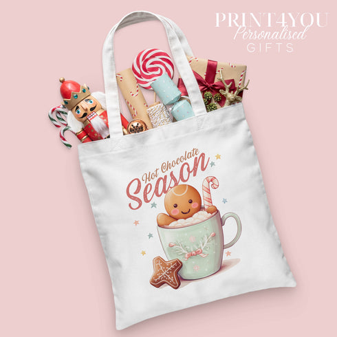 Christmas Cotton Tote Gift Bag | Reusable Shopping Bag | 100% White Cotton Bag | Hot Chocolate Season Gingerbread man