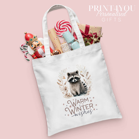Christmas Cotton Tote Gift Bag | Reusable Shopping Bag | 100% White Cotton Bag | Warm Winter Wished Raccoon
