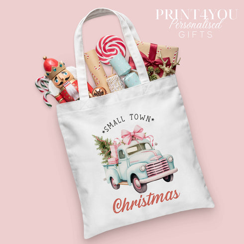 Christmas Cotton Tote Gift Bag | Reusable Shopping Bag | 100% White Cotton Bag | Small Town Christmas Truck