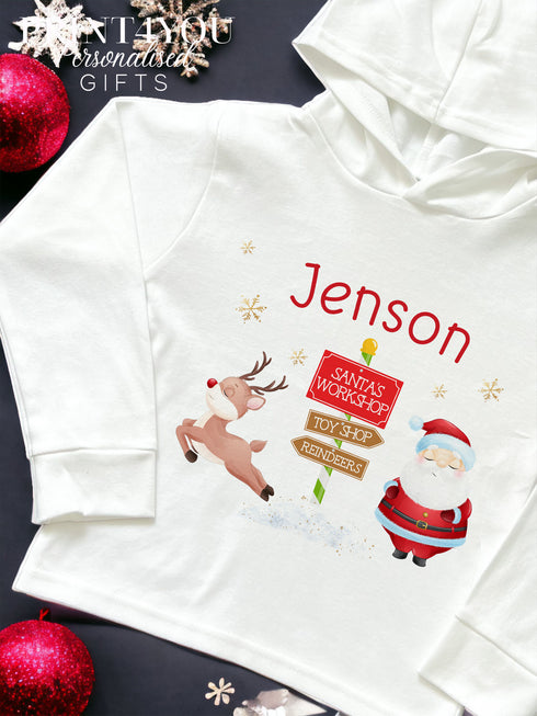 Christmas T-shirt with hood - personalised cotton jersey top, Lightweight long-sleeved tee, Santa and Reindeer