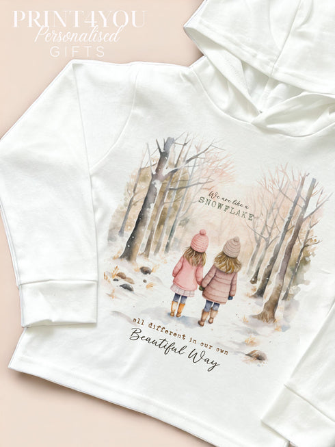 Christmas T-shirt with hood - Cotton jersey top, Lightweight long-sleeved tee, Snowflake Girls, Positivity Quote