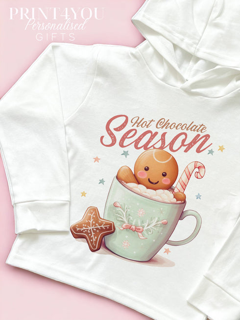 Christmas T-shirt with hood - Cotton jersey top, Lightweight long-sleeved tee, Hot Chocolate Season Gingerbread man